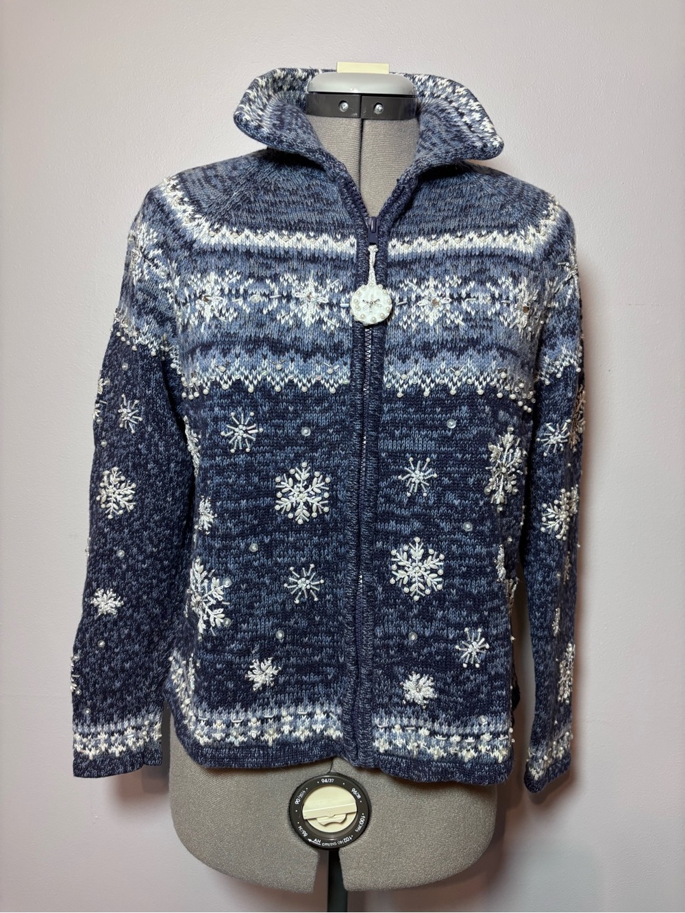 Women's Navy Snowflake Zip Cardigan Sweater